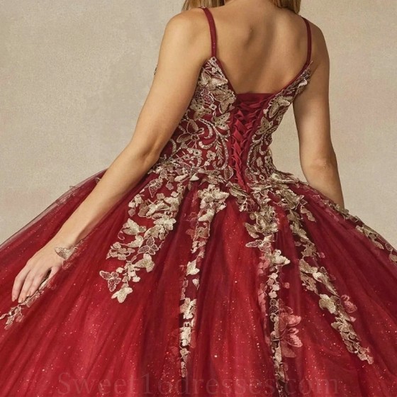 Burgundy Shiny Ball Gown 15 Year Old Quinceanera Dresses With Gold Appliques Bow Beads Princess Brithday Party Gowns