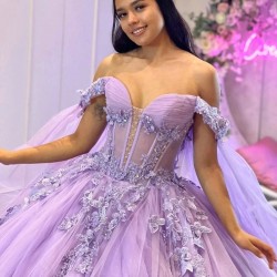 Butterflies Lavender Quinceanera Dresses Ball Gown Birthday Party Dress Sweet 16 Dress Lace Up Tulle With Cape vestido de 15