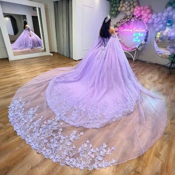 Butterflies Lavender Quinceanera Dresses Ball Gown Birthday Party Dress Sweet 16 Dress Lace Up Tulle With Cape vestido de 15