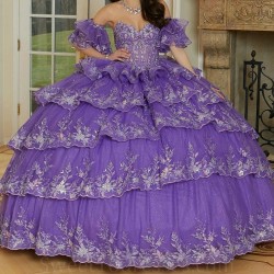 Charming Purple Princess Ball Gown Quinceanera Dress Sequin Applique Lace Beads Tiered Tull Sweet 16 Dress Vestido De 15 Anos