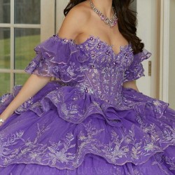 Charming Purple Princess Ball Gown Quinceanera Dress Sequin Applique Lace Beads Tiered Tull Sweet 16 Dress Vestido De 15 Anos