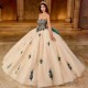 Crystal Champagne Beading Ball Gown Quinceanera Dress 3D Flowers Appliques Lace Corset Mexico Vestidos De 15 Anos