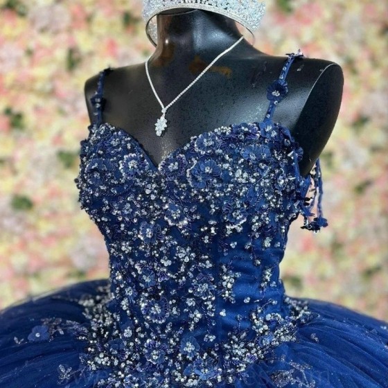 Crystal Navy Blue Sweet 16 Princess Sweetheart Quinceanera Dress Applique Lace Beading Ball Gown Corset Vestidos De 15 Anos