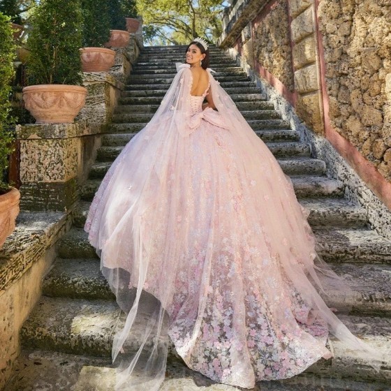 Floral Pink Quinceanera Dresses Appliques Flowers With Cape Court Train Floor Length Birthday Party Prom Vestidos De 15 Anos