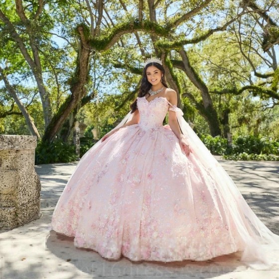 Floral Pink Quinceanera Dresses Appliques Flowers With Cape Court Train Floor Length Birthday Party Prom Vestidos De 15 Anos