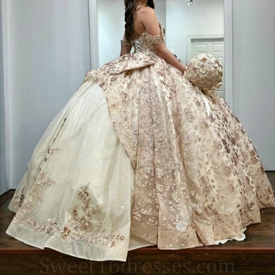 Glitter Champagne Quinceanera Dress Sweetheart Off Shoulder Appliques Lace Beads Tull Sweet 16 Dress 2024 Vestidos De 15 Anos