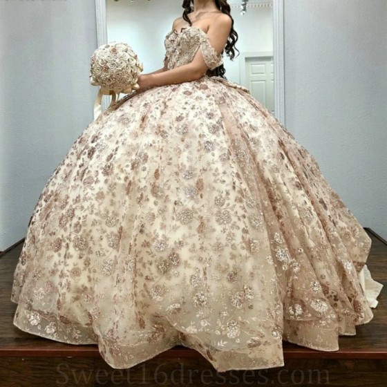 Glitter Champagne Quinceanera Dress Sweetheart Off Shoulder Appliques Lace Beads Tull Sweet 16 Dress 2024 Vestidos De 15 Anos