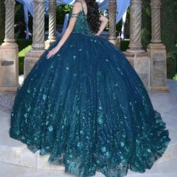 Glitter Emerald Green Crystal Sequined Ball Gown Quinceanera Dresses Off The Shoulder Applique Lace Beading Corset Vestidos De