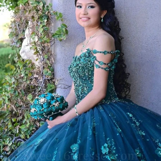 Glitter Emerald Green Crystal Sequined Ball Gown Quinceanera Dresses Off The Shoulder Applique Lace Beading Corset Vestidos De