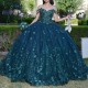 Glitter Emerald Green Crystal Sequined Ball Gown Quinceanera Dresses Off The Shoulder Applique Lace Beading Corset Vestidos De