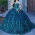 Glitter Emerald Green Crystal Sequined Ball Gown Quinceanera Dresses Off The Shoulder Applique Lace Beading Corset Vestidos De