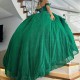 Glitter Emerald Green Princess Quinceanera Dresses Ball Gown Lace Appliques Crystals Beads Prom Party Sweet 16 Dress Vestidos De