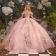 Glitter Pink Quinceanera Dress Off Shoulder Sequined Appliques Lace Beads Crystal Tull Birthday Party Sweet 16 Dress Vestidos De