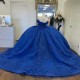 Glitter Royal Blue Quinceanera Dress Ball Gown Off The Shoulder Lace Applique Beaded Crystal Tull Sweet 16 Vestido De 15 Anos