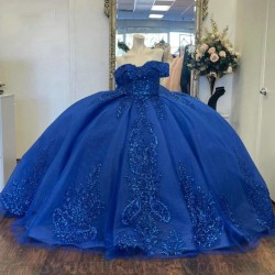 Glitter Royal Blue Quinceanera Dress Ball Gown Off The Shoulder Lace Applique Beaded Crystal Tull Sweet 16 Vestido De 15 Anos