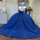 Glitter Royal Blue Quinceanera Dress Ball Gown Off The Shoulder Lace Applique Beaded Crystal Tull Sweet 16 Vestido De 15 Anos