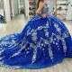 Glitter Royal Blue Quinceanera Dress Off Shoulder Appliques Lace Beads Crystal Tull Sweet 16 Dress 2024 Vestidos De 15 Anos