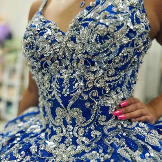 Glitter Royal Blue Quinceanera Dress Off Shoulder Appliques Lace Beads Crystal Tull Sweet 16 Dress 2024 Vestidos De 15 Anos