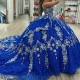 Glitter Royal Blue Quinceanera Dress Off Shoulder Appliques Lace Beads Crystal Tull Sweet 16 Dress 2024 Vestidos De 15 Anos