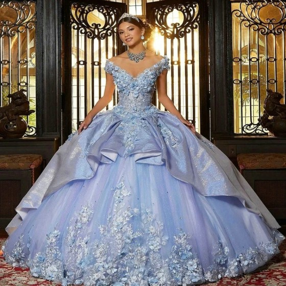 Glitter Sky Blue Off The Shoulder Ball Gown Quinceanera Dresses Sweet 16 Princess Lace Beads V-Neck Prom Gowns Vestido De 15Anos