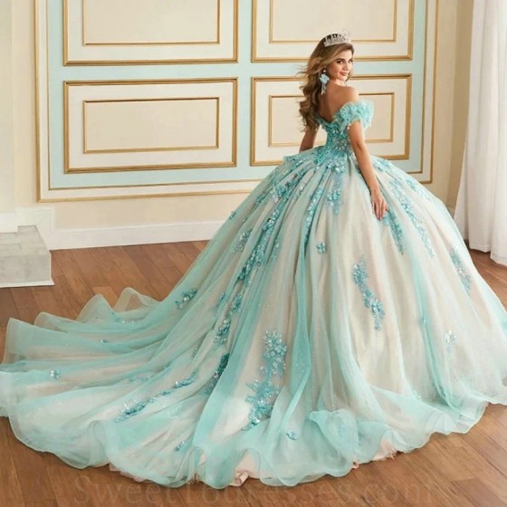 Glitter Water Blue Quinceanera Dress Ball Gown Champagne Lining Lace Applique Beaded Tull Mexican Corset Sweet 16 Vestidos De 15