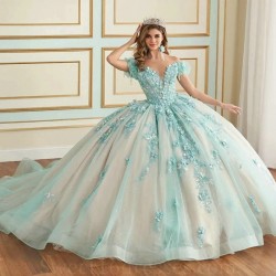 Glitter Water Blue Quinceanera Dress Ball Gown Champagne Lining Lace Applique Beaded Tull Mexican Corset Sweet 16 Vestidos De 15