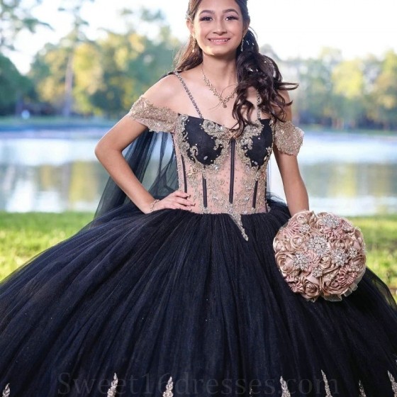 Glittering Black Quinceanera Dresses Formal Applique With Cape Birthday Party Ball Gown Off the Shoulder Vestidos De 15 Anos