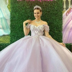 Glittering Lavender Princess Butterfly Quinceanera Dresses With Bow Beads Off-Shoulder Vestidos De 15 Anos Party Prom Dress