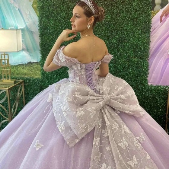 Glittering Lavender Princess Butterfly Quinceanera Dresses With Bow Beads Off-Shoulder Vestidos De 15 Anos Party Prom Dress