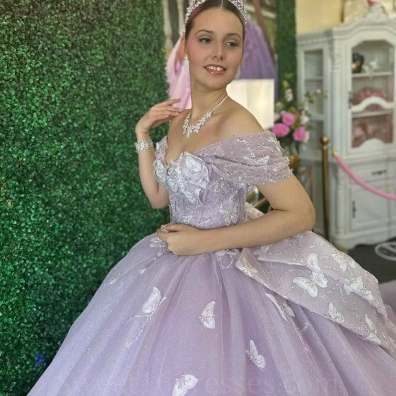 Glittering Lavender Princess Butterfly Quinceanera Dresses With Bow Beads Off-Shoulder Vestidos De 15 Anos Party Prom Dress