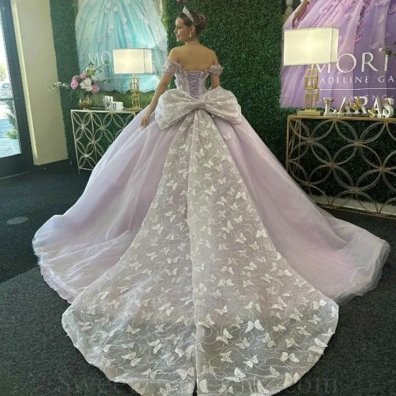 Glittering Lavender Princess Butterfly Quinceanera Dresses With Bow Beads Off-Shoulder Vestidos De 15 Anos Party Prom Dress