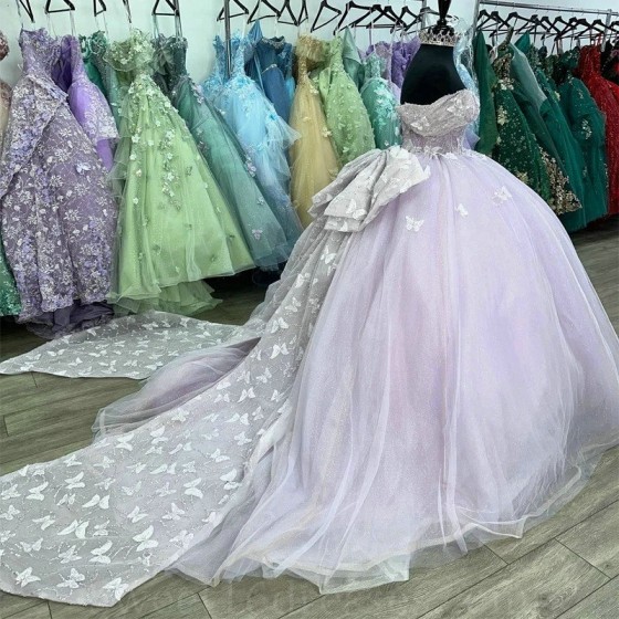 Glittering Lavender Quinceanera Dresses Off the Shoulder Butterfly Beads Lace Vestidos De 15 Anos Birthday Party Prom Dress