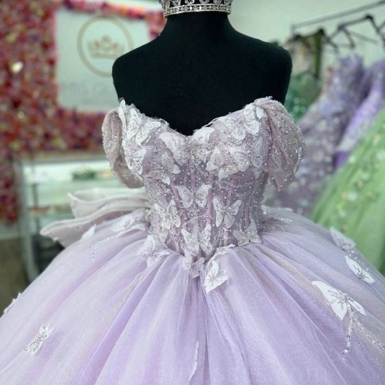 Glittering Lavender Quinceanera Dresses Off the Shoulder Butterfly Beads Lace Vestidos De 15 Anos Birthday Party Prom Dress