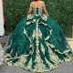 Gold Appliques Emerald Green Princess Quinceanera Dress Lace Bride Robe Corset Floor-length Vestidos 15 De Novia Sweet 16 Dress