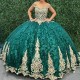 Gold Appliques Emerald Green Princess Quinceanera Dress Lace Bride Robe Corset Floor-length Vestidos 15 De Novia Sweet 16 Dress