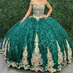 Gold Appliques Emerald Green Princess Quinceanera Dress Lace Bride Robe Corset Floor-length Vestidos 15 De Novia Sweet 16 Dress