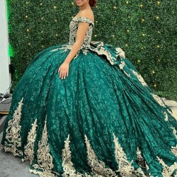 Gold Appliques Emerald Green Princess Quinceanera Dress Lace Bride Robe Corset Floor-length Vestidos 15 De Novia Sweet 16 Dress