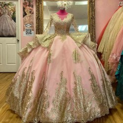 Gold Appliques Pink Shiny Quinceanera Dresses Vestidos De 15 Anos Ball Gown Formal Birthday Party Prom Gown Corset Back Train