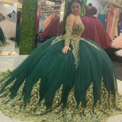 Gorgeous Green Quinceanera Dresses Gold Applique Lace Beads Ball Gown Long Sleeved Princess Birthday Party Sweet 16 vestidos de