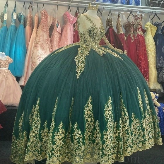 Gorgeous Green Quinceanera Dresses Gold Applique Lace Beads Ball Gown Long Sleeved Princess Birthday Party Sweet 16 vestidos de