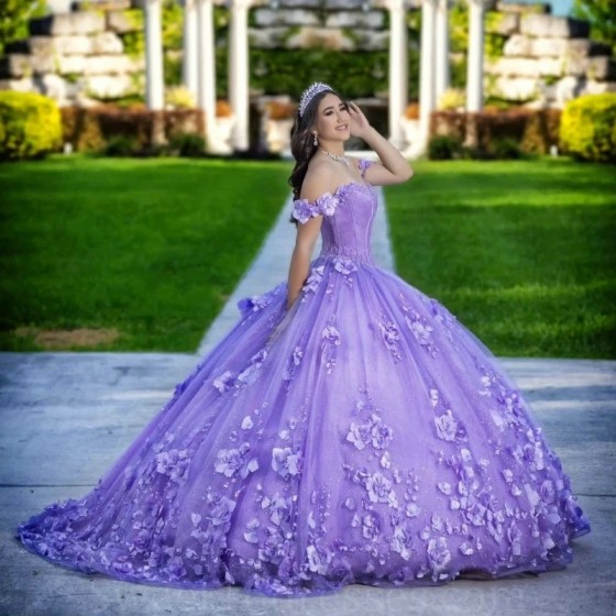 Gorgeous Lavender Sweetheart Off The Shoulder Quinceanera Dress Ball Gown Sweep Train Tulle Beads 3DFlower Princess Party Prom