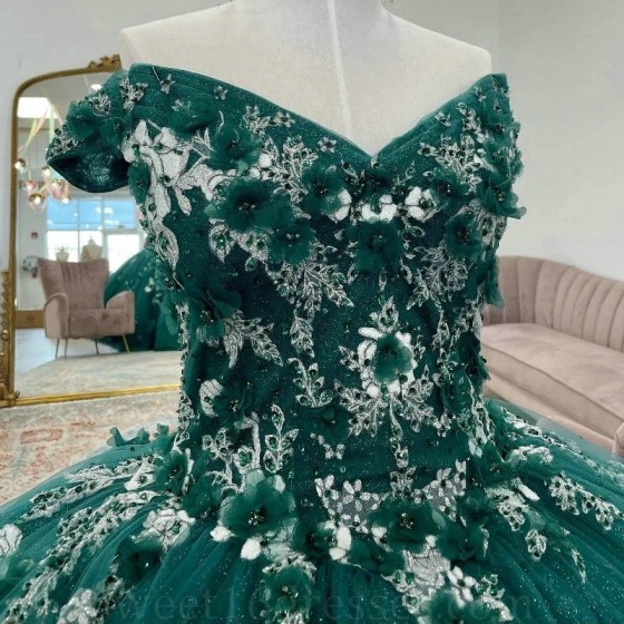 Green Blackish Shiny Princess Ball Gown V-Neck Quinceanera Dress 3DFlower Applique Beads Birthday Party Sweet Vestidos De 15 Anos