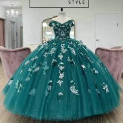 Green Blackish Shiny Princess Ball Gown V-Neck Quinceanera Dress 3DFlower Applique Beads Birthday Party Sweet Vestidos De 15 Anos