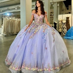 Lavender Shiny Quinceanera Dresses Ball Gown Off Shoulder Applique Flowers Puffy Sweet 16 Dress Celebrity Party Gowns