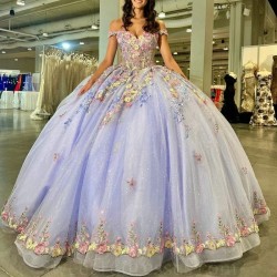 Lavender Shiny Quinceanera Dresses Ball Gown Off Shoulder Applique Flowers Puffy Sweet 16 Dress Celebrity Party Gowns