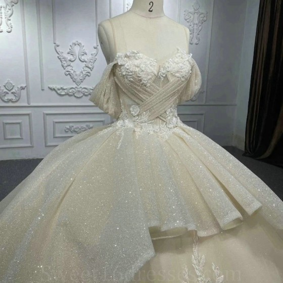 Light Champagne Shiny Quinceanera Dresses Mexican Off the Shoulder Ball Gown Applique Princess Long Sweet 16 Prom Dress