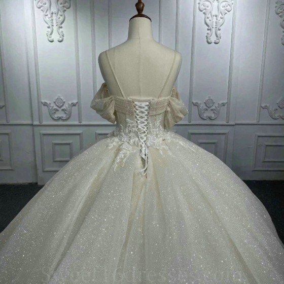 Light Champagne Shiny Quinceanera Dresses Mexican Off the Shoulder Ball Gown Applique Princess Long Sweet 16 Prom Dress