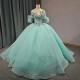 Light Green Shiny O-Neck 3D Flowers Beads Quinceanera Dress Ball Gown Puffy Dress 16th Birthday Debut vestido de charra 15 anos