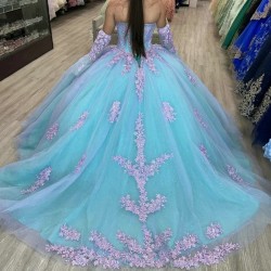 Light Green Shiny Off The Shoulder Quinceanera Dresses Tulle Appliques Beading Pageant Lace Up Vestidos De 15 Anos