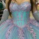 Light Green Shiny Off The Shoulder Quinceanera Dresses Tulle Appliques Beading Pageant Lace Up Vestidos De 15 Anos